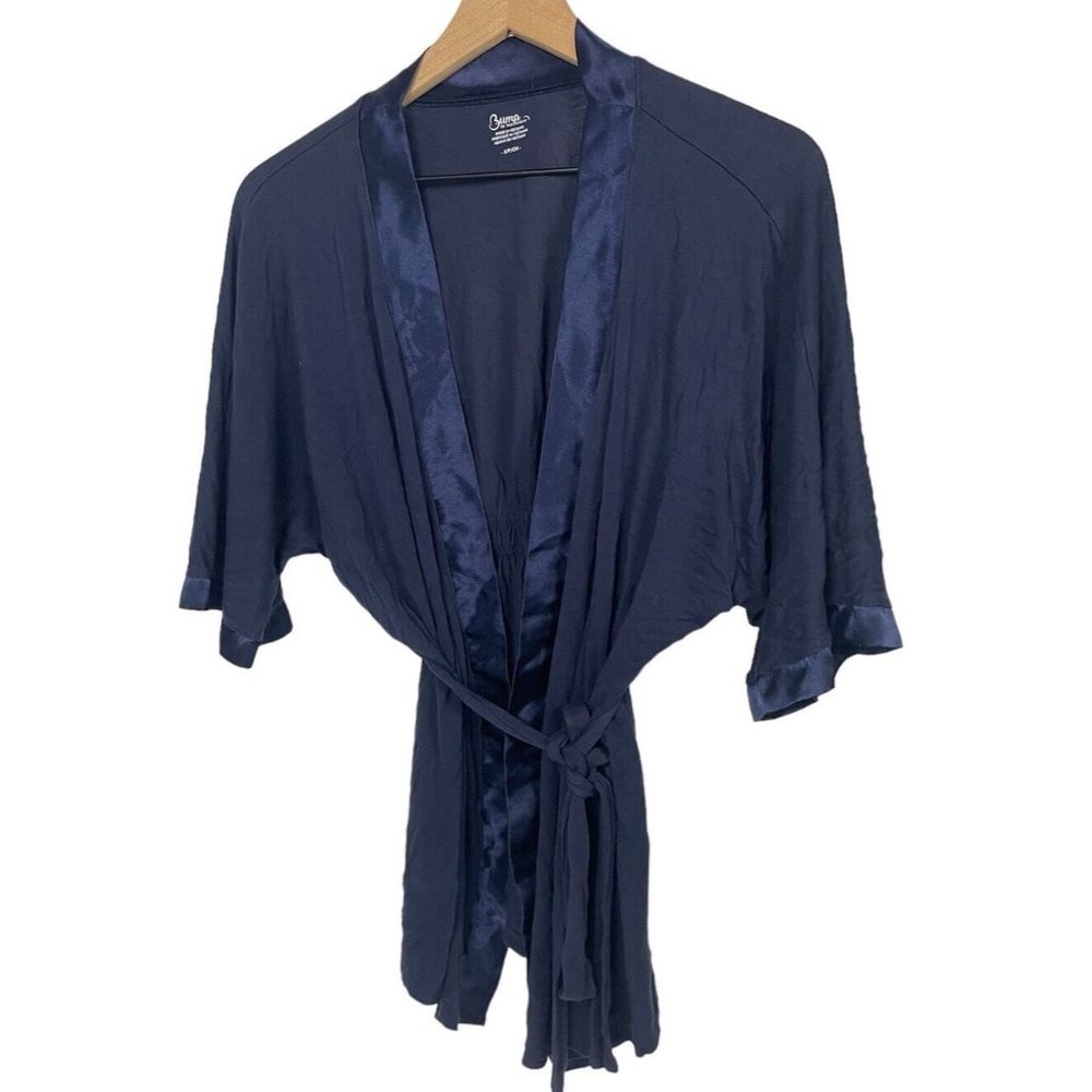 Bump Night Maternity Pregnancy Robe Gown Short Top Blue Satin Delivery S/P SMALL